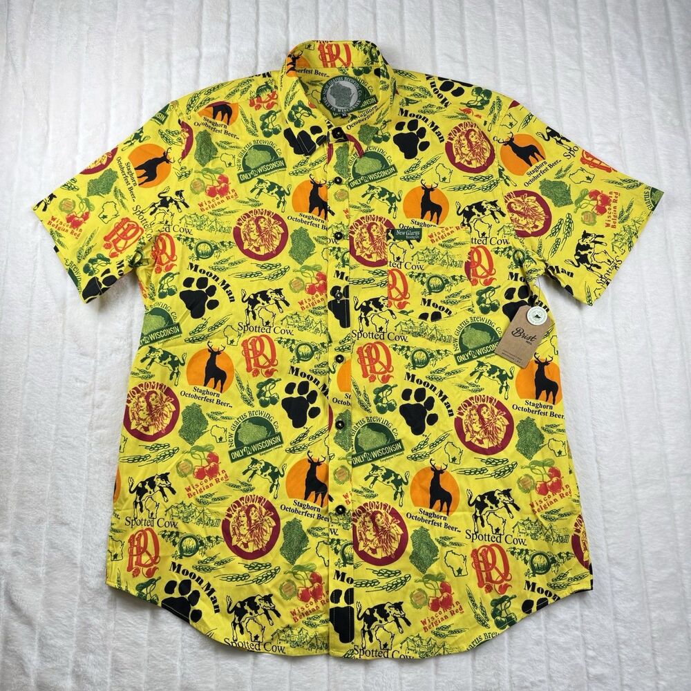 New Glarus Brewing Co Beer Brand Button Up Men's XL All Over Print Yellow NWT